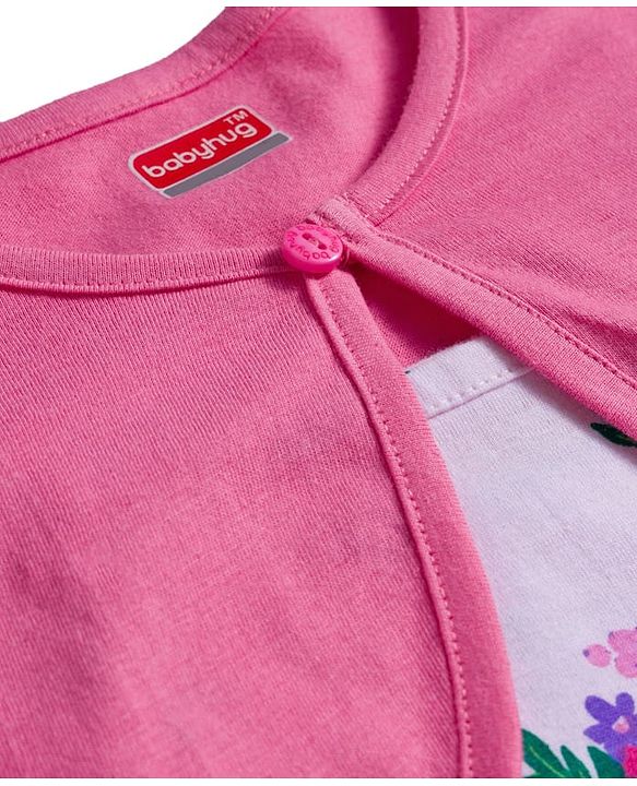 Babyhug Cotton Knit Full Sleeves Floral Printed Frock With Shrug & Bow Applique - Pink