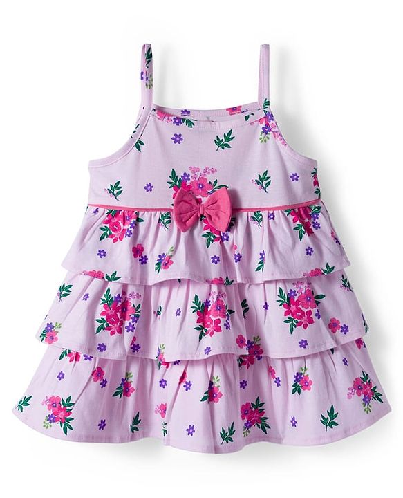 Babyhug Cotton Knit Full Sleeves Floral Printed Frock With Shrug & Bow Applique - Pink
