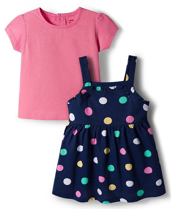 Babyhug Cotton Knit Half Sleeves T-Shirt with Bobby Print Frock  - Pink & Navy