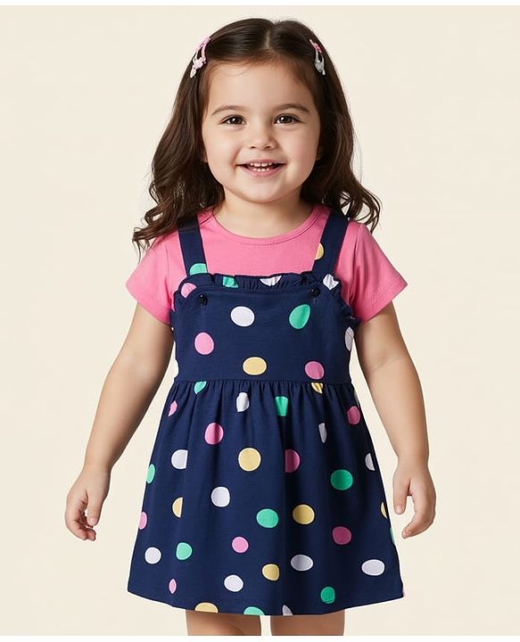 Babyhug Cotton Knit Half Sleeves T-Shirt with Bobby Print Frock  - Pink & Navy
