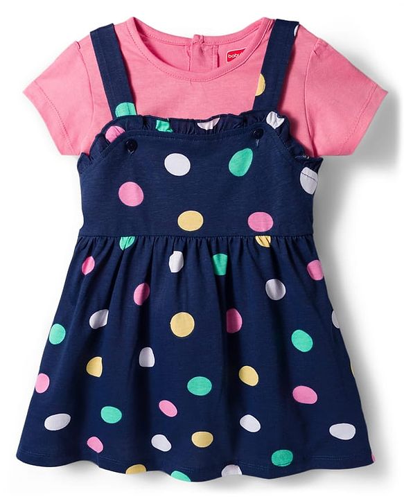 Babyhug Cotton Knit Half Sleeves T-Shirt with Bobby Print Frock  - Pink & Navy