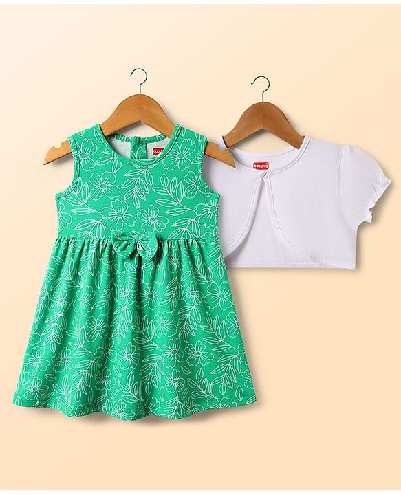 Babyhug Cotton Knit Frock & Half Sleeves Shrug With Floral Print & Bow Applique - Green & White