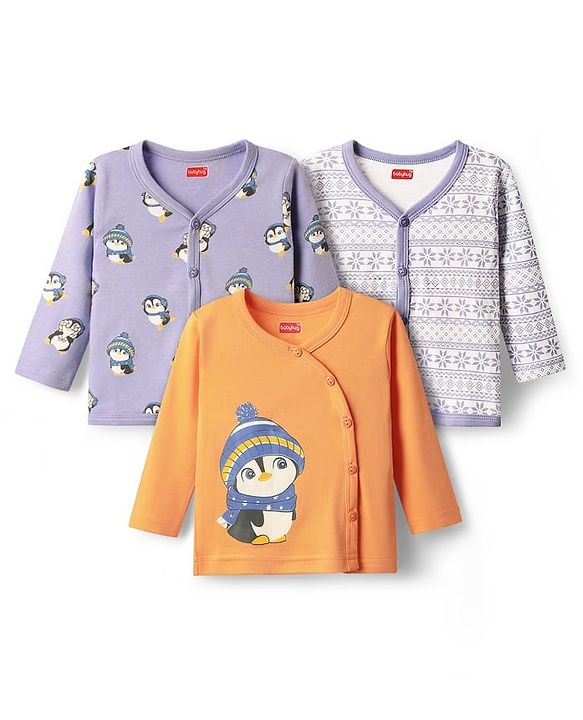 Babyhug 100% Cotton Front Open Full Sleeves Jhablas With Floral & Penguin Print Pack Of 3 - Lilac White & Orange