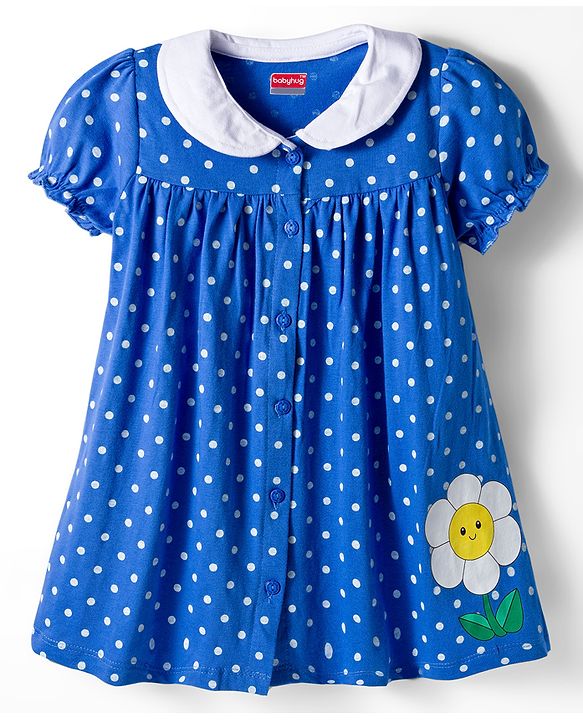 Babyhug Single Jersey knit Half Sleeves Frock With Bloomers & Polka Dot Print - Royal Blue