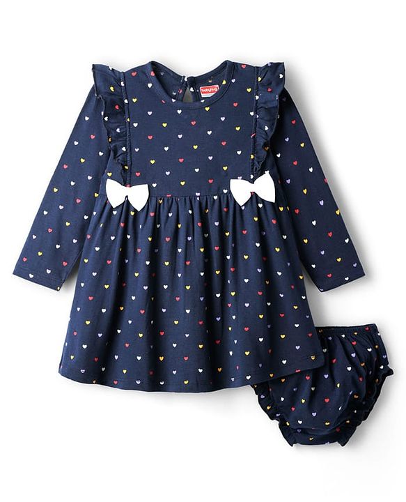 Babyhug Single Jersey Knit Full Sleeves Frocks With Bloomer & Heart Print - Navy Blue