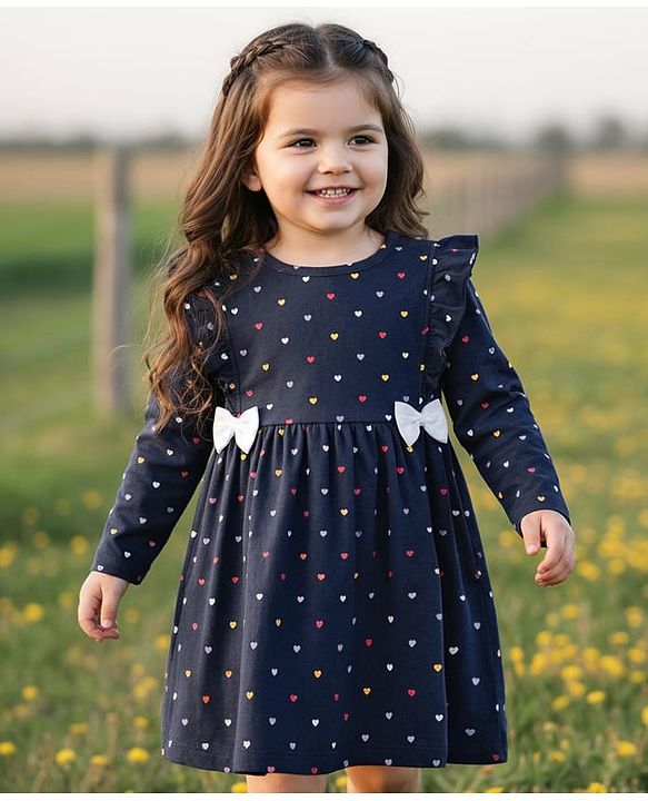 Babyhug Single Jersey Knit Full Sleeves Frocks With Bloomer & Heart Print - Navy Blue