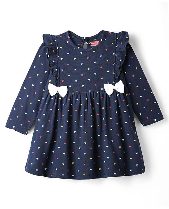 Babyhug Single Jersey Knit Full Sleeves Frocks With Bloomer & Heart Print - Navy Blue
