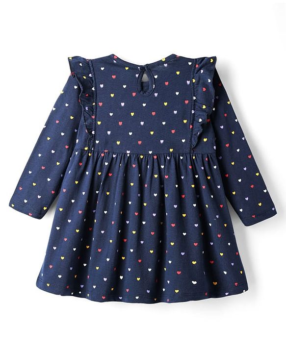 Babyhug Single Jersey Knit Full Sleeves Frocks With Bloomer & Heart Print - Navy Blue