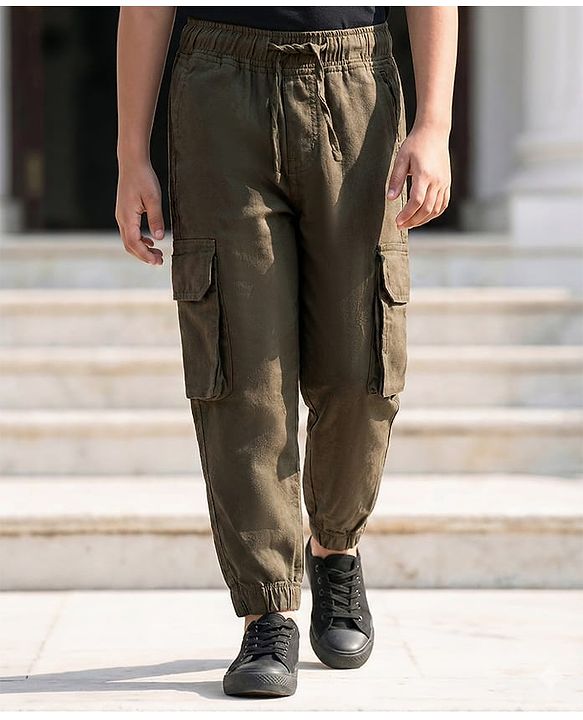 Pine Kids Cotton Elastane Woven Full length Trouser With Cargo Pockets - Olive Green
