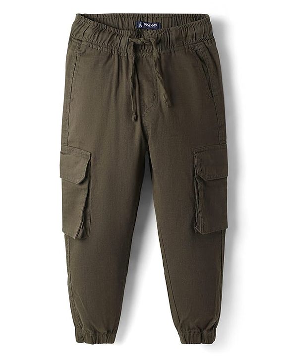 Pine Kids Cotton Elastane Woven Full length Trouser With Cargo Pockets - Olive Green