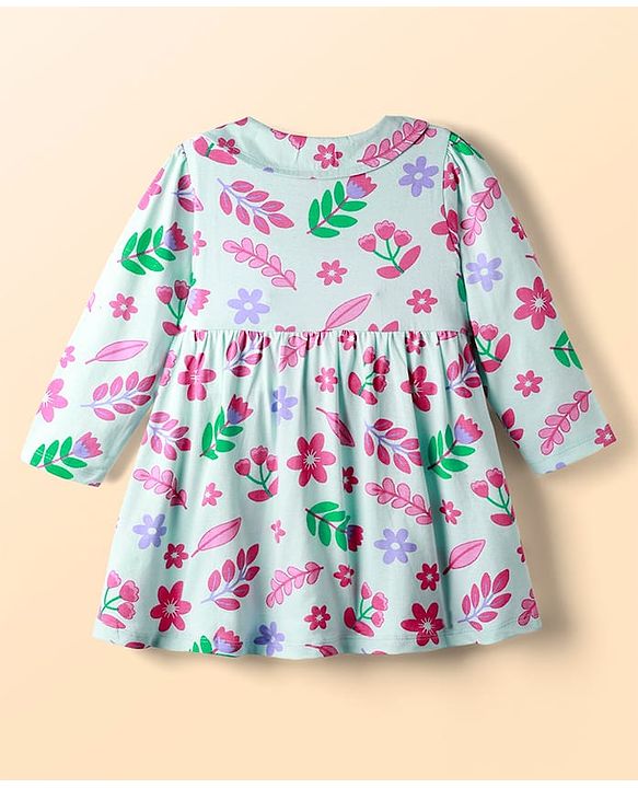 Babyhug Single Jersey Knit Full Sleeves Floral Printed Frock With Bloomers & Bow Applique - Light Blue