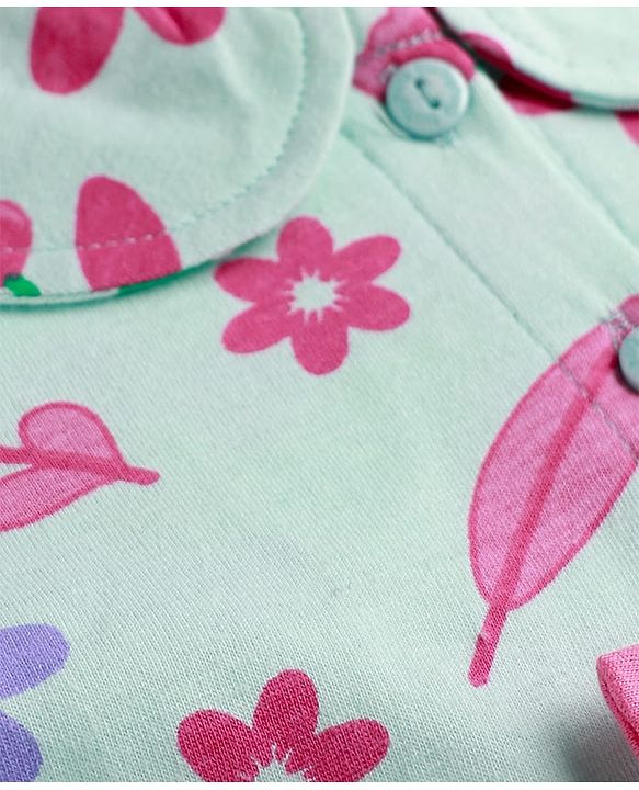 Babyhug Single Jersey Knit Full Sleeves Floral Printed Frock With Bloomers & Bow Applique - Light Blue