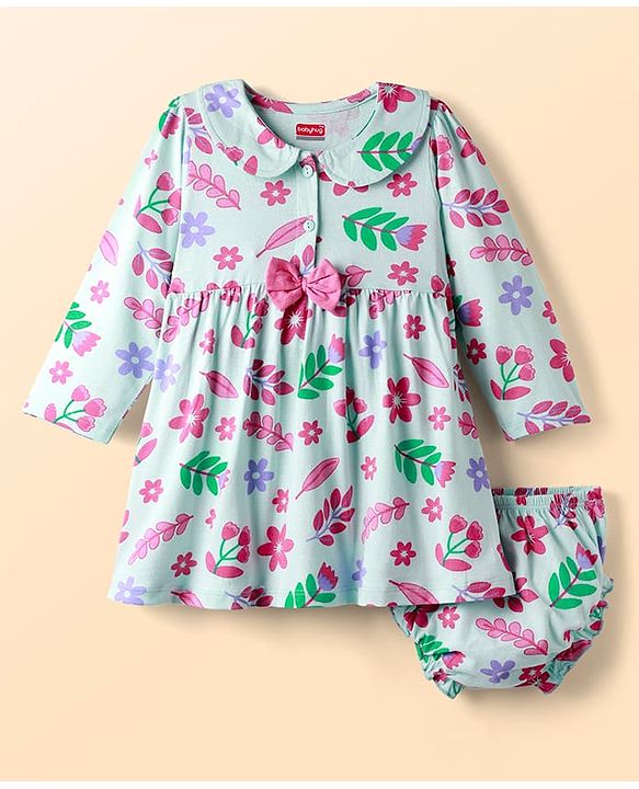 Babyhug Single Jersey Knit Full Sleeves Floral Printed Frock With Bloomers & Bow Applique - Light Blue