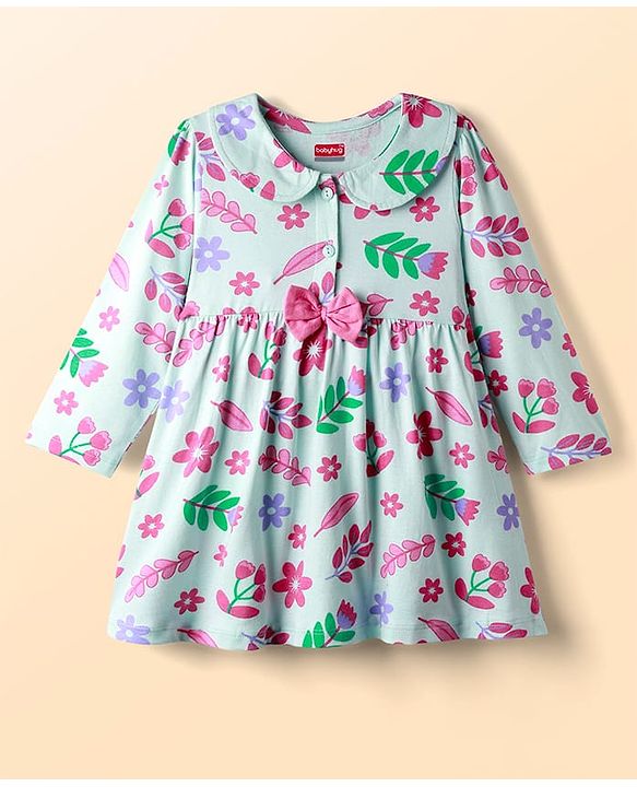 Babyhug Single Jersey Knit Full Sleeves Floral Printed Frock With Bloomers & Bow Applique - Light Blue