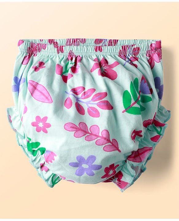 Babyhug Single Jersey Knit Full Sleeves Floral Printed Frock With Bloomers & Bow Applique - Light Blue