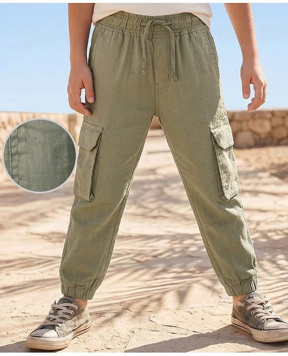 Pine Kids Cotton Elastane Woven Full Length Solid Coloured Trouser With Cargo Pockets - Khaki