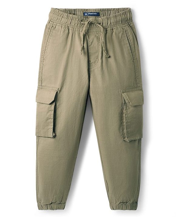 Pine Kids Cotton Elastane Woven Full Length Solid Coloured Trouser With Cargo Pockets - Khaki