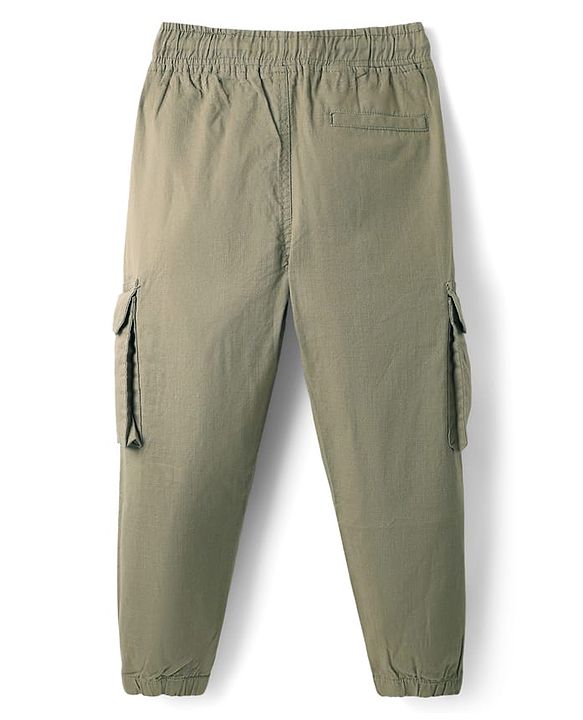 Pine Kids Cotton Elastane Woven Full Length Solid Coloured Trouser With Cargo Pockets - Khaki