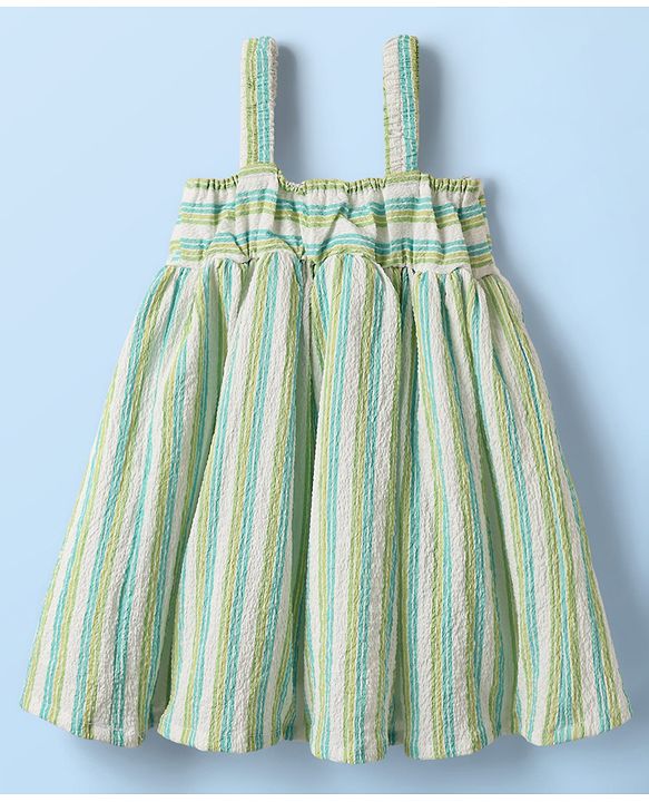Babyhug Cotton Knit Striped Frock & Half Sleeves Inner Tee With Floral Applique - Green & White