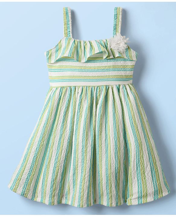 Babyhug Cotton Knit Striped Frock & Half Sleeves Inner Tee With Floral Applique - Green & White