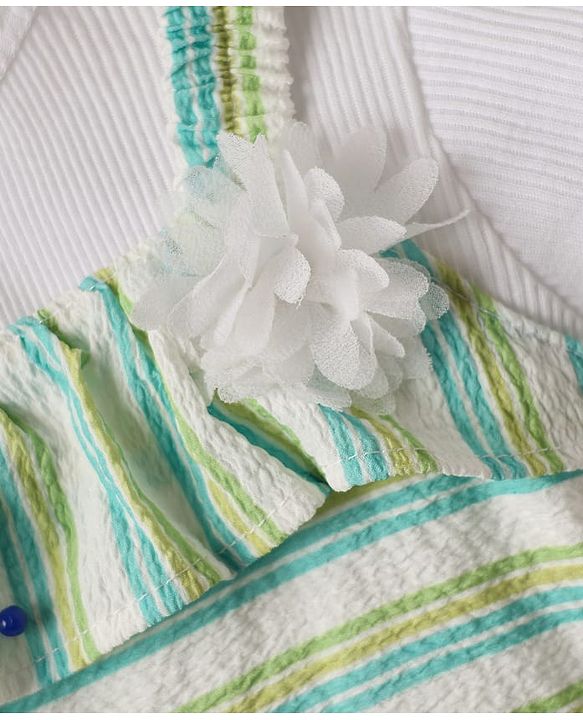 Babyhug Cotton Knit Striped Frock & Half Sleeves Inner Tee With Floral Applique - Green & White