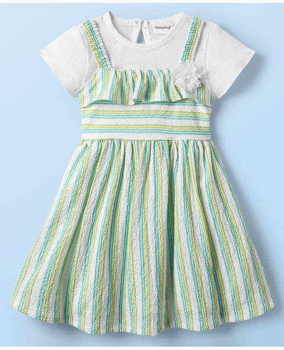 Babyhug Cotton Knit Striped Frock & Half Sleeves Inner Tee With Floral Applique - Green & White