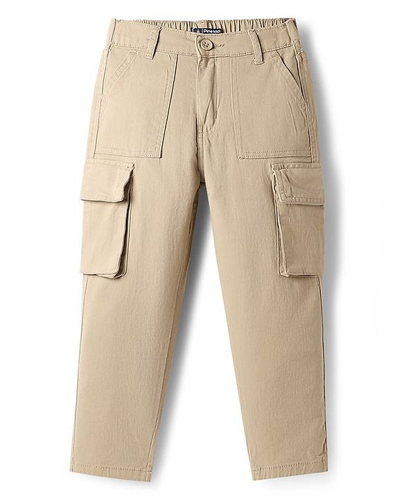 Pine Kids Cotton Elastane Woven Full Length Solid Coloured Trouser With Cargo Pockets - Khaki