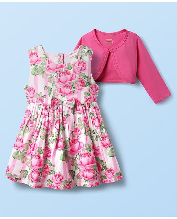 Babyhug Cotton Knit Frock & Full Sleeves Shrug With Floral Print & Bow Applique - Light Pink