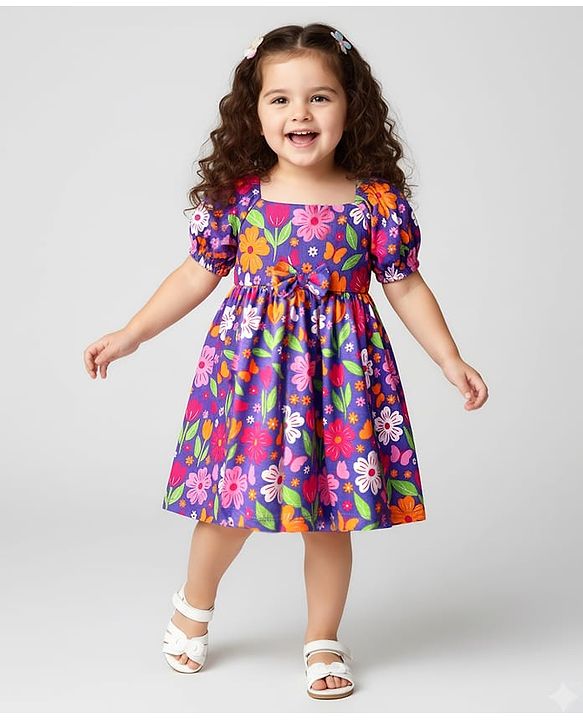 Babyhug Cotton Knit Puffed Sleeves Frock with Floral Print - Purple & Pink