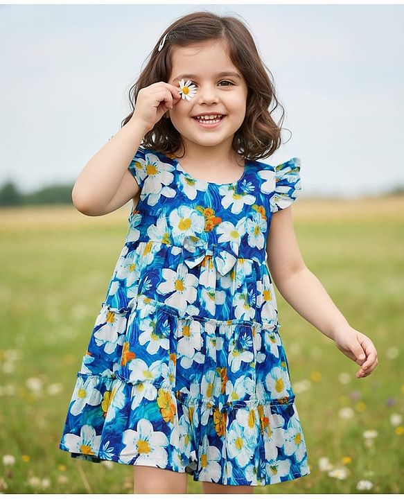 Babyhug 100% Cotton Sleeveless Floral Printed Tiered Dress - Blue