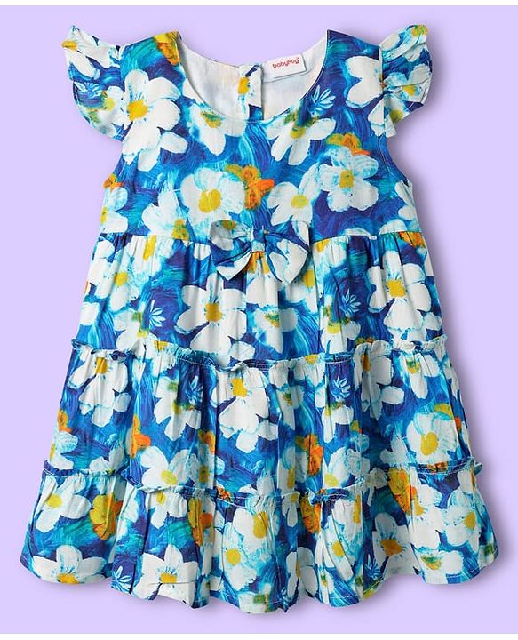 Babyhug 100% Cotton Sleeveless Floral Printed Tiered Dress - Blue
