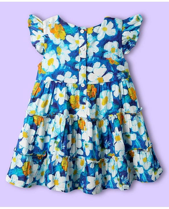 Babyhug 100% Cotton Sleeveless Floral Printed Tiered Dress - Blue