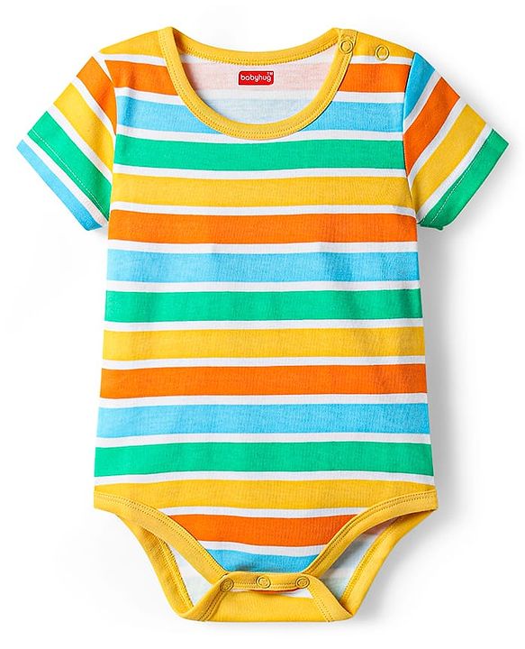 Babyhug 100% Cotton Knit Half Sleeves Striped & Dino Printed Onesies Pack of 3 - Yellow & White