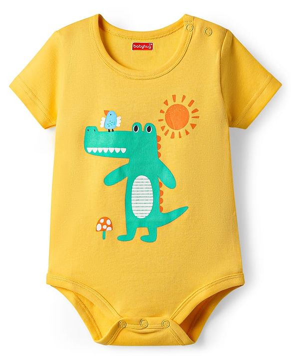 Babyhug 100% Cotton Knit Half Sleeves Striped & Dino Printed Onesies Pack of 3 - Yellow & White