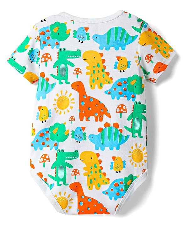 Babyhug 100% Cotton Knit Half Sleeves Striped & Dino Printed Onesies Pack of 3 - Yellow & White