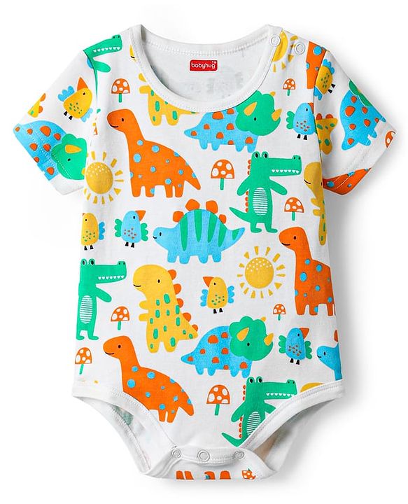 Babyhug 100% Cotton Knit Half Sleeves Striped & Dino Printed Onesies Pack of 3 - Yellow & White