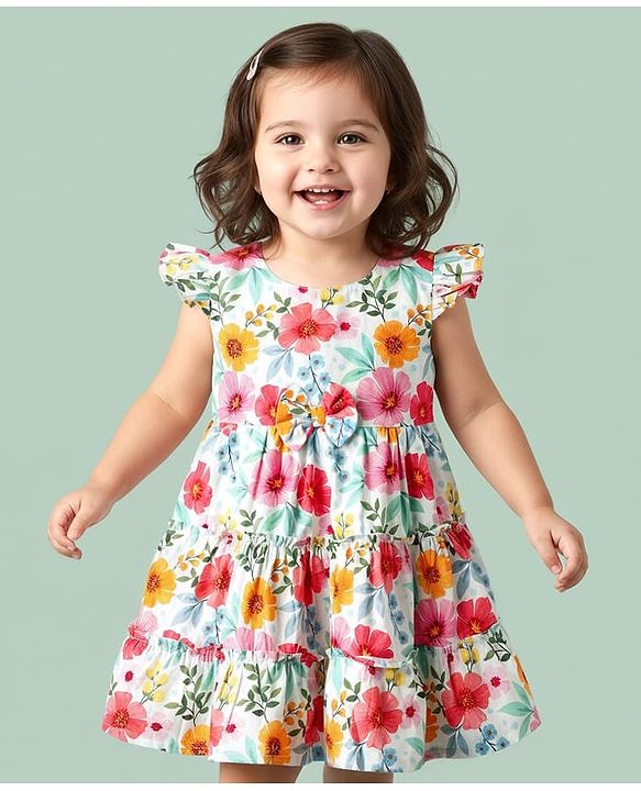 Babyhug Cotton Knit Sleeveless Frock With Floral Print & Bow Applique - White