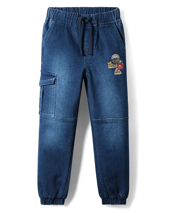 Pine Kids Cotton Elastane Woven Full Length Washed Jeans With Patch Detailing - Blue