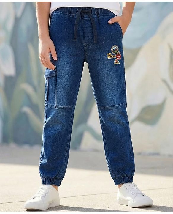 Pine Kids Cotton Elastane Woven Full Length Washed Jeans With Patch Detailing - Blue