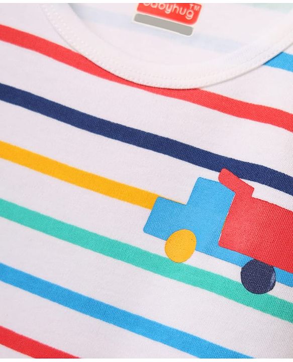 Babyhug 100% Cotton Knit Half Sleeves Striped Rompers with Vehicle Print Pack of 2 - Multicolor