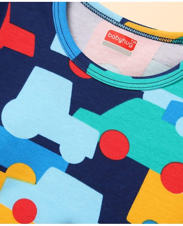 Babyhug 100% Cotton Knit Half Sleeves Striped Rompers with Vehicle Print Pack of 2 - Multicolor