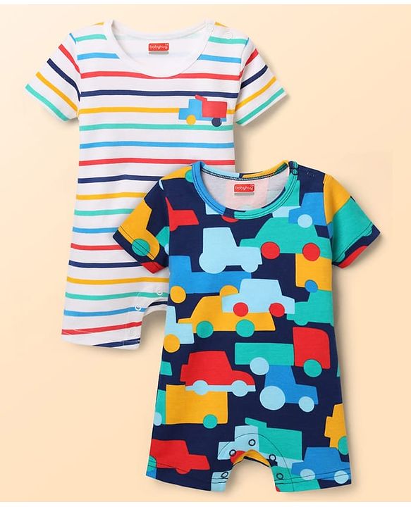 Babyhug 100% Cotton Knit Half Sleeves Striped Rompers with Vehicle Print Pack of 2 - Multicolor