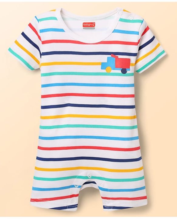 Babyhug 100% Cotton Knit Half Sleeves Striped Rompers with Vehicle Print Pack of 2 - Multicolor