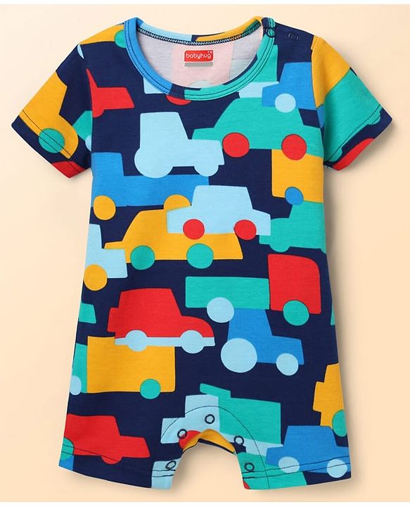 Babyhug 100% Cotton Knit Half Sleeves Striped Rompers with Vehicle Print Pack of 2 - Multicolor