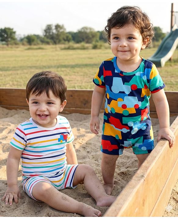 Babyhug 100% Cotton Knit Half Sleeves Striped Rompers with Vehicle Print Pack of 2 - Multicolor