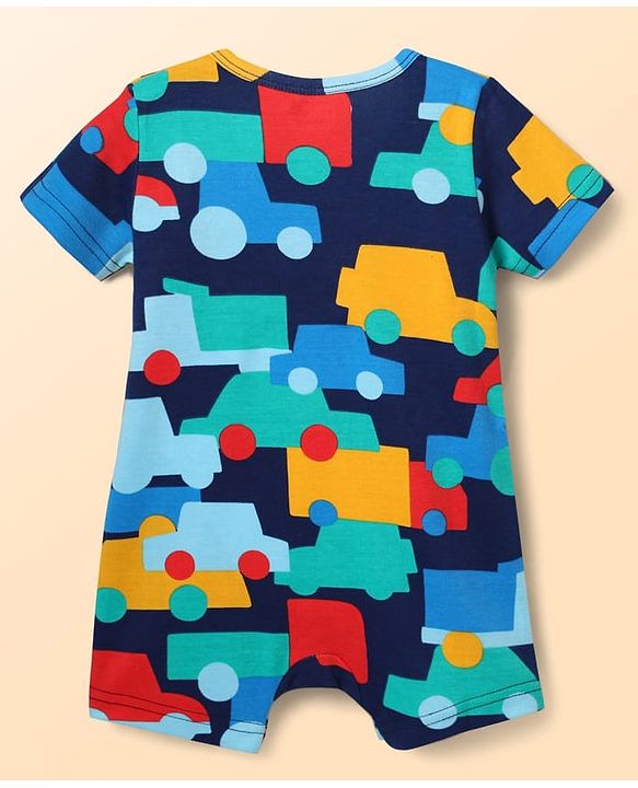 Babyhug 100% Cotton Knit Half Sleeves Striped Rompers with Vehicle Print Pack of 2 - Multicolor