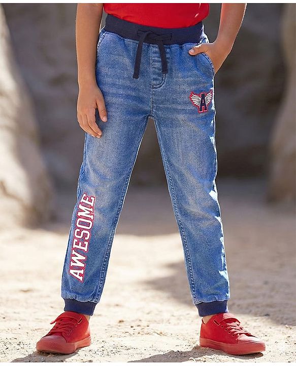 Pine Kids Cotton Elastane Woven Full Length Washed Jeans With Text Print - Navy Blue