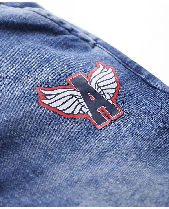 Pine Kids Cotton Elastane Woven Full Length Washed Jeans With Text Print - Navy Blue