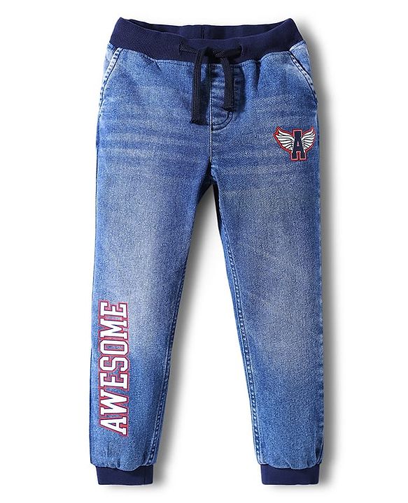 Pine Kids Cotton Elastane Woven Full Length Washed Jeans With Text Print - Navy Blue