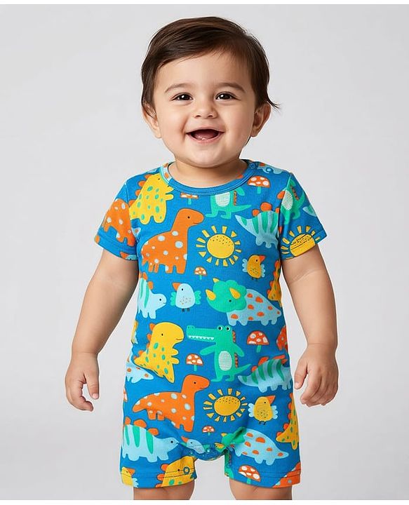 Babyhug 100% Cotton Knit Half Sleeves Striped & Dino Printed Rompers Pack of 2 - Multicolor